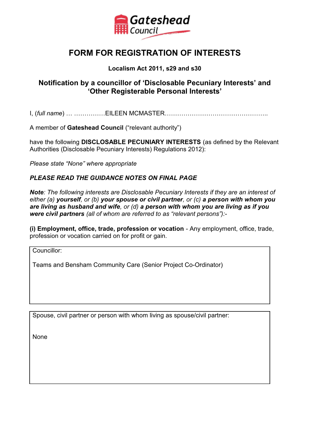 Form for Registration of Interests