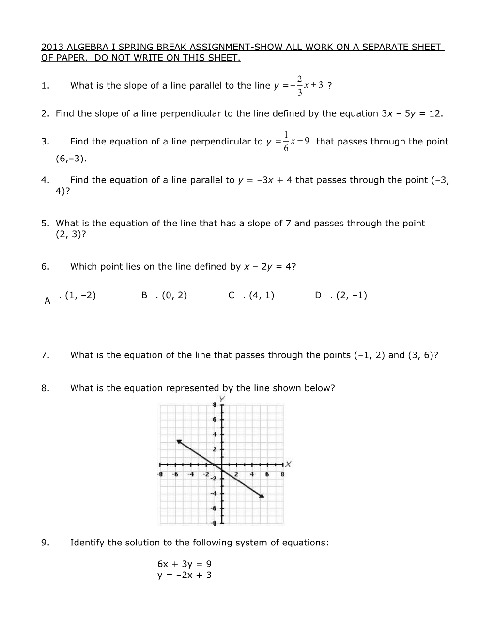 2013 Algebra I Spring Break Assignment-Show All Work on a Separate Sheet of Paper. Do Not