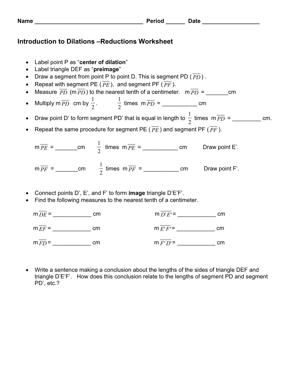 Introduction to Dilations Reductions Worksheet