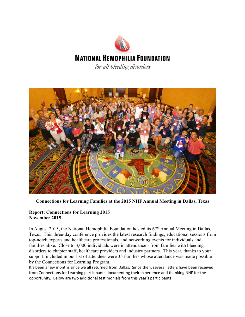 Connections for Learning Families at the 2015 NHF Annual Meeting in Dallas, Texas