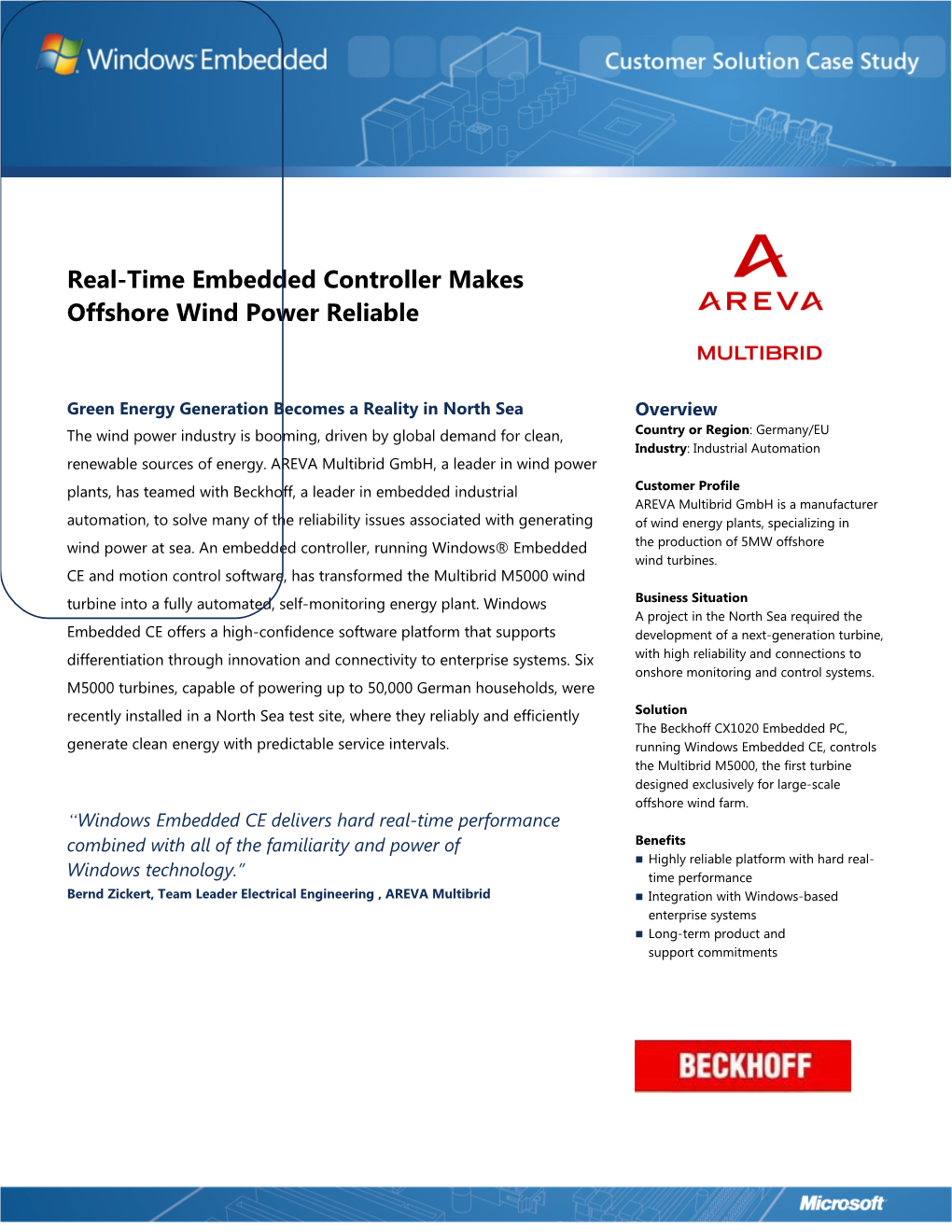 Metia Windows Embedded Real-Time Embedded Controller Makes Offshore Wind Power Reliable