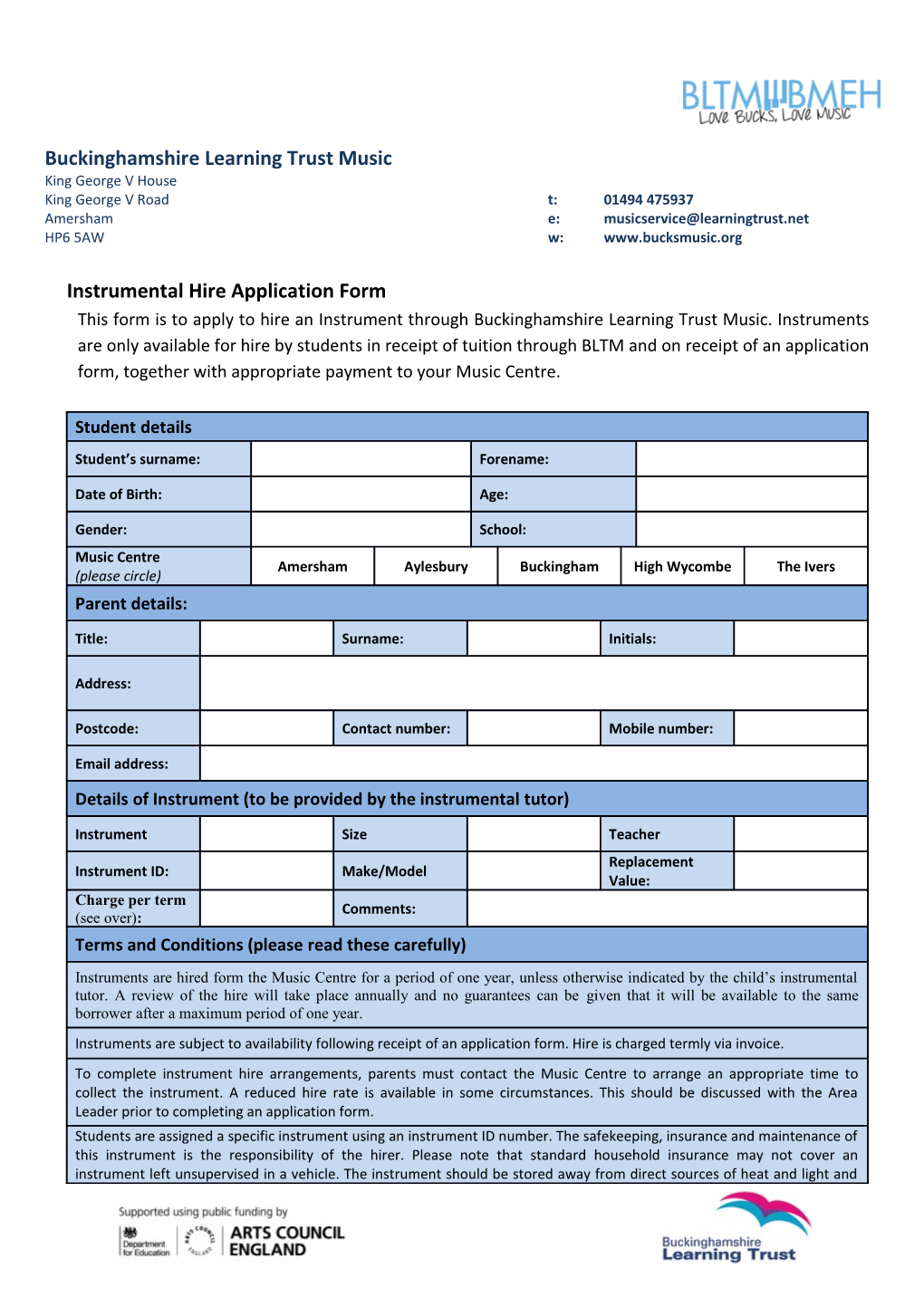 Instrumental Hire Application Form