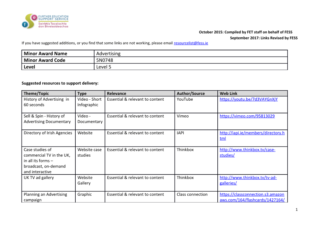 October 2015: Compiled by FET Staff on Behalf of FESS