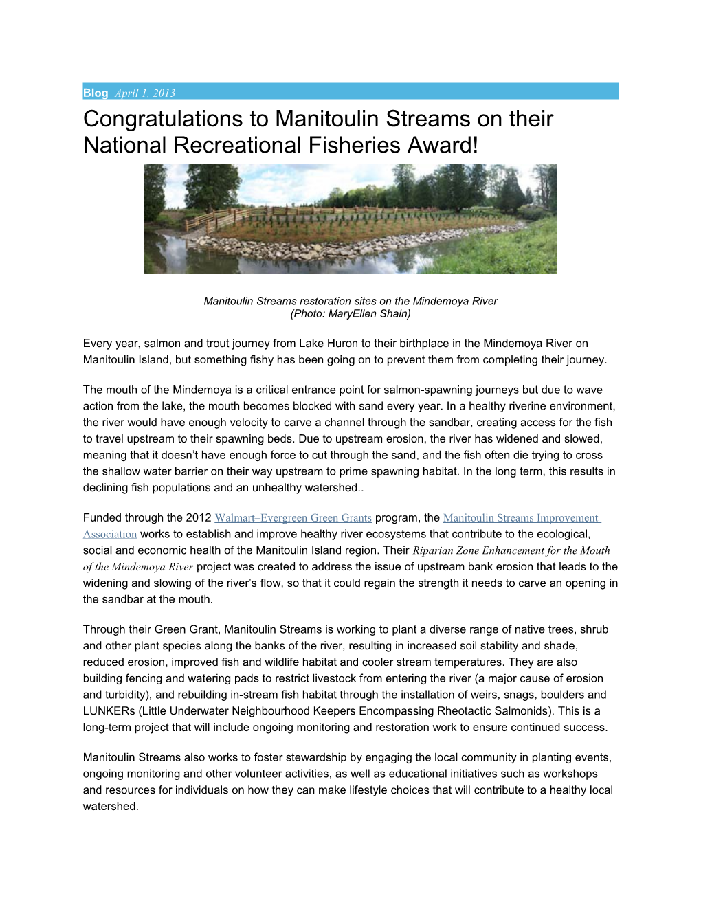 Congratulations to Manitoulin Streams on Their National Recreational Fisheries Award!