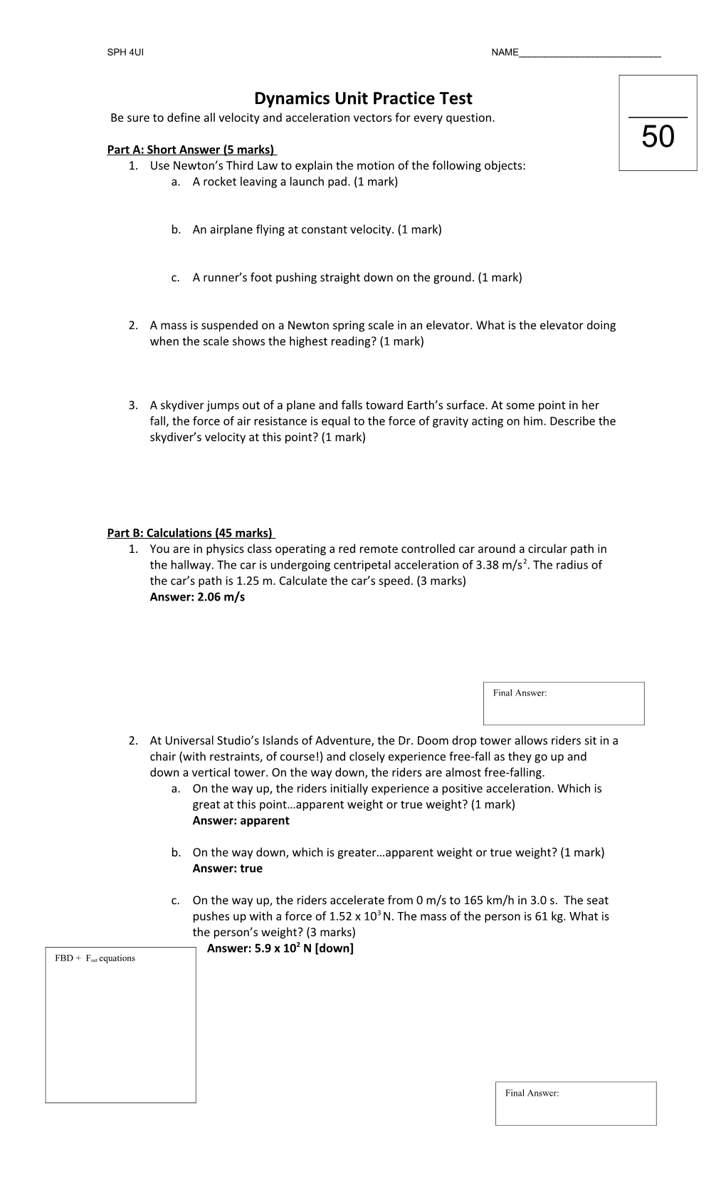 Dynamics Unit Practice Test