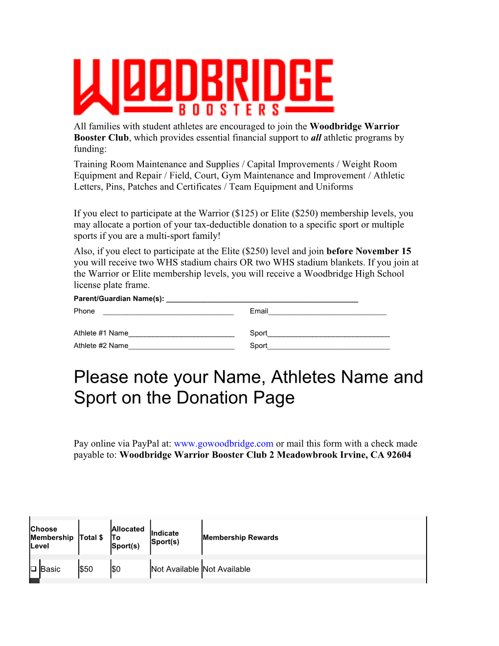 All Families with Student Athletes Are Encouraged to Join the Woodbridge Warrior Booster