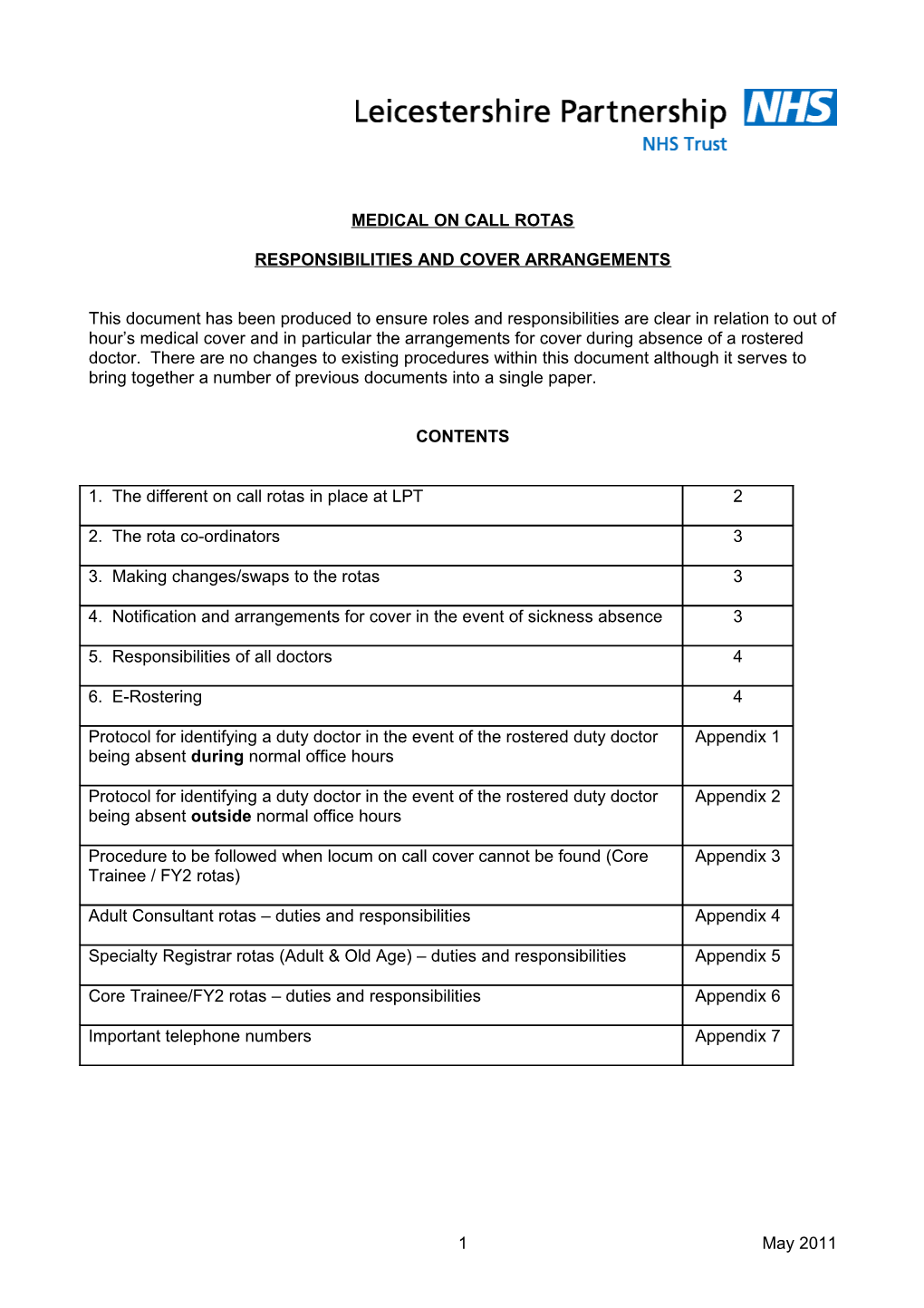 Responsibilities and Cover Arrangements