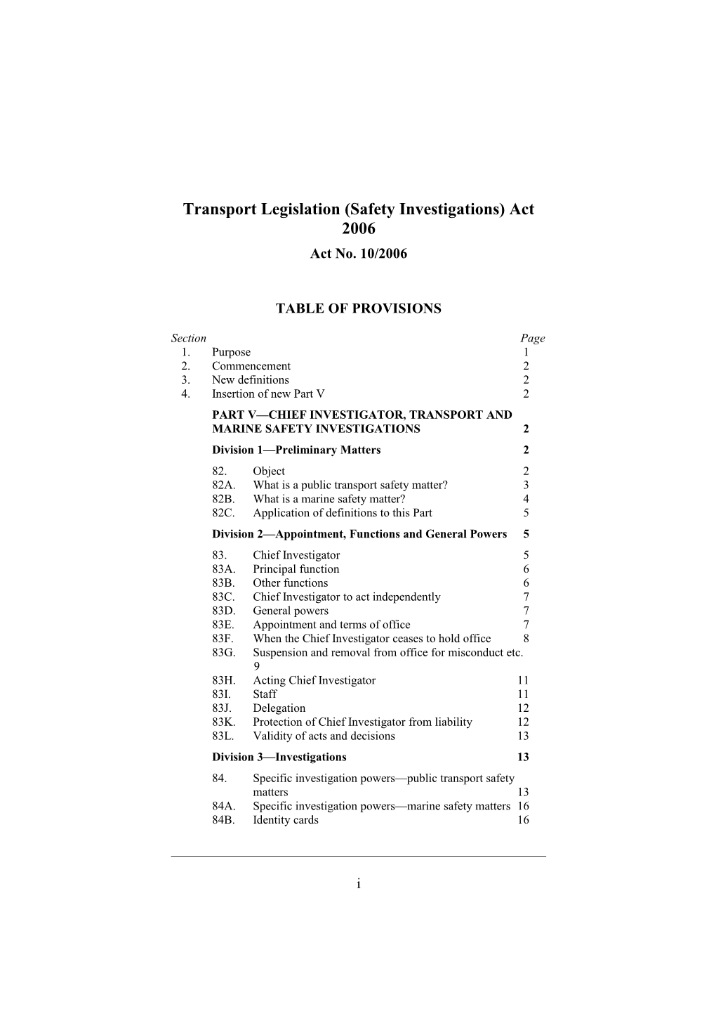 Transport Legislation (Safety Investigations) Act 2006