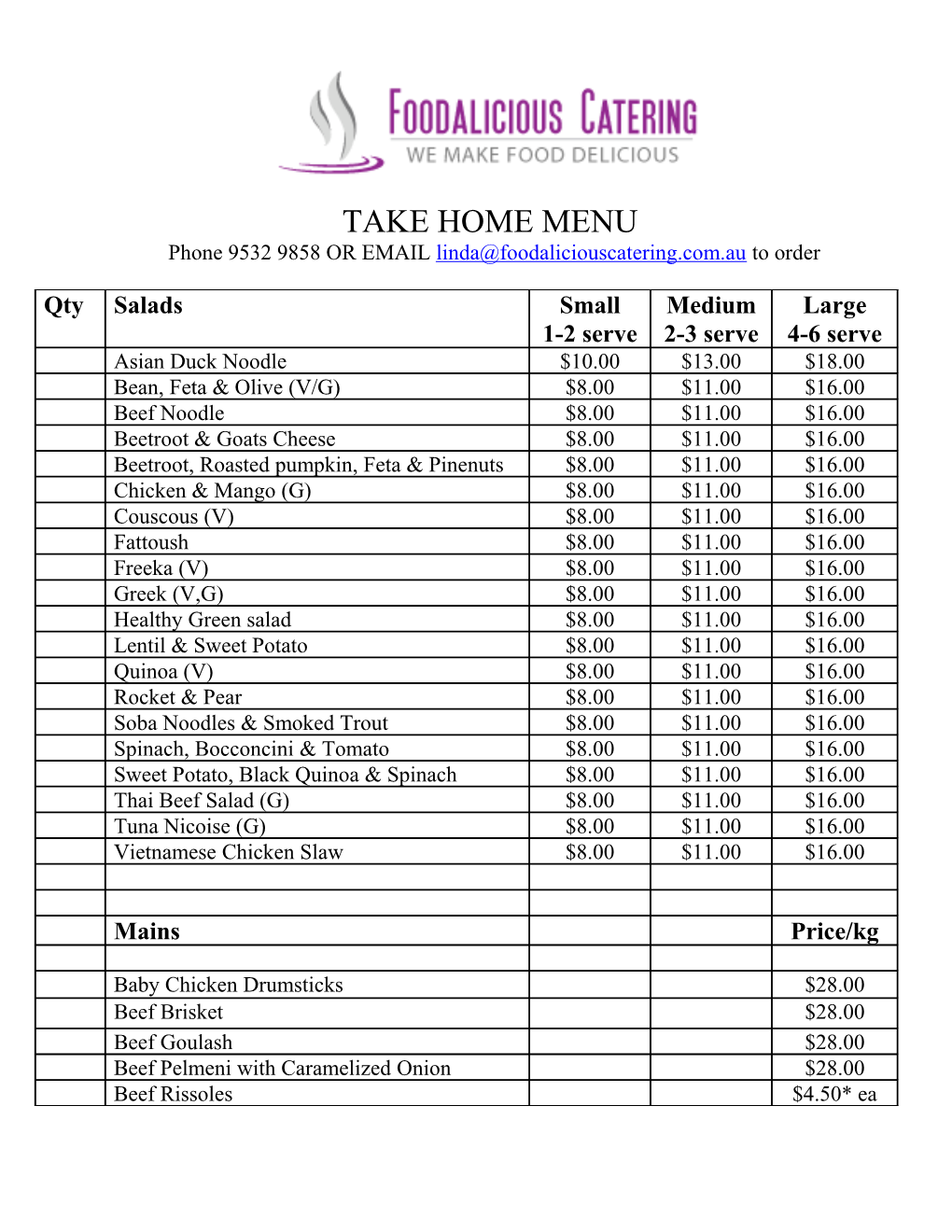 Take Home Menu