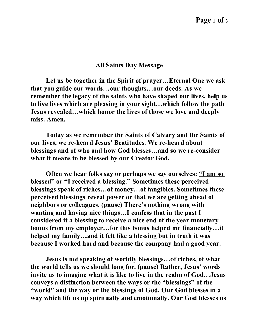 All Saints Day Message