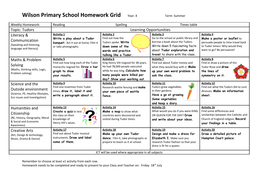 Wilson Primary School Homework Grid Year: 4 Term: Summer