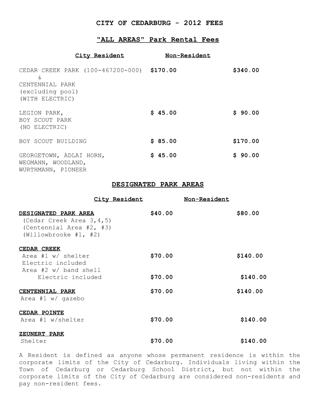 City of Cedarburg - 1997 Fees