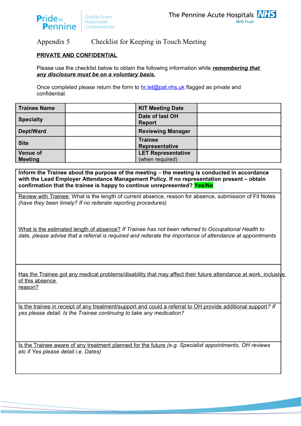 Appendix 5 Checklist for Keeping in Touch Meeting