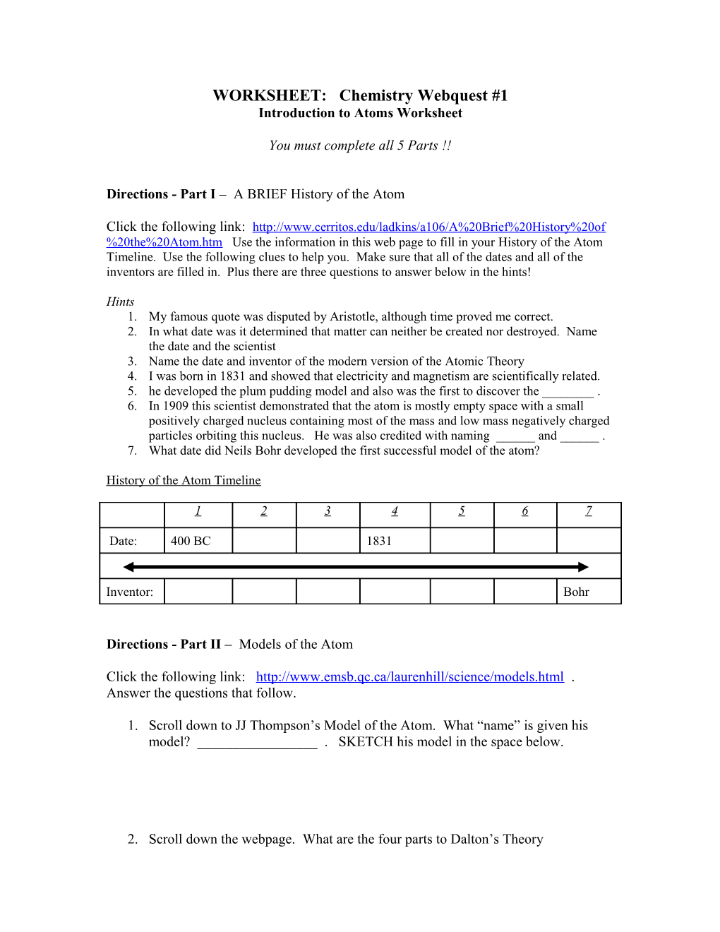 Chemistry Webquest #1: Introduction To Atoms Worksheet