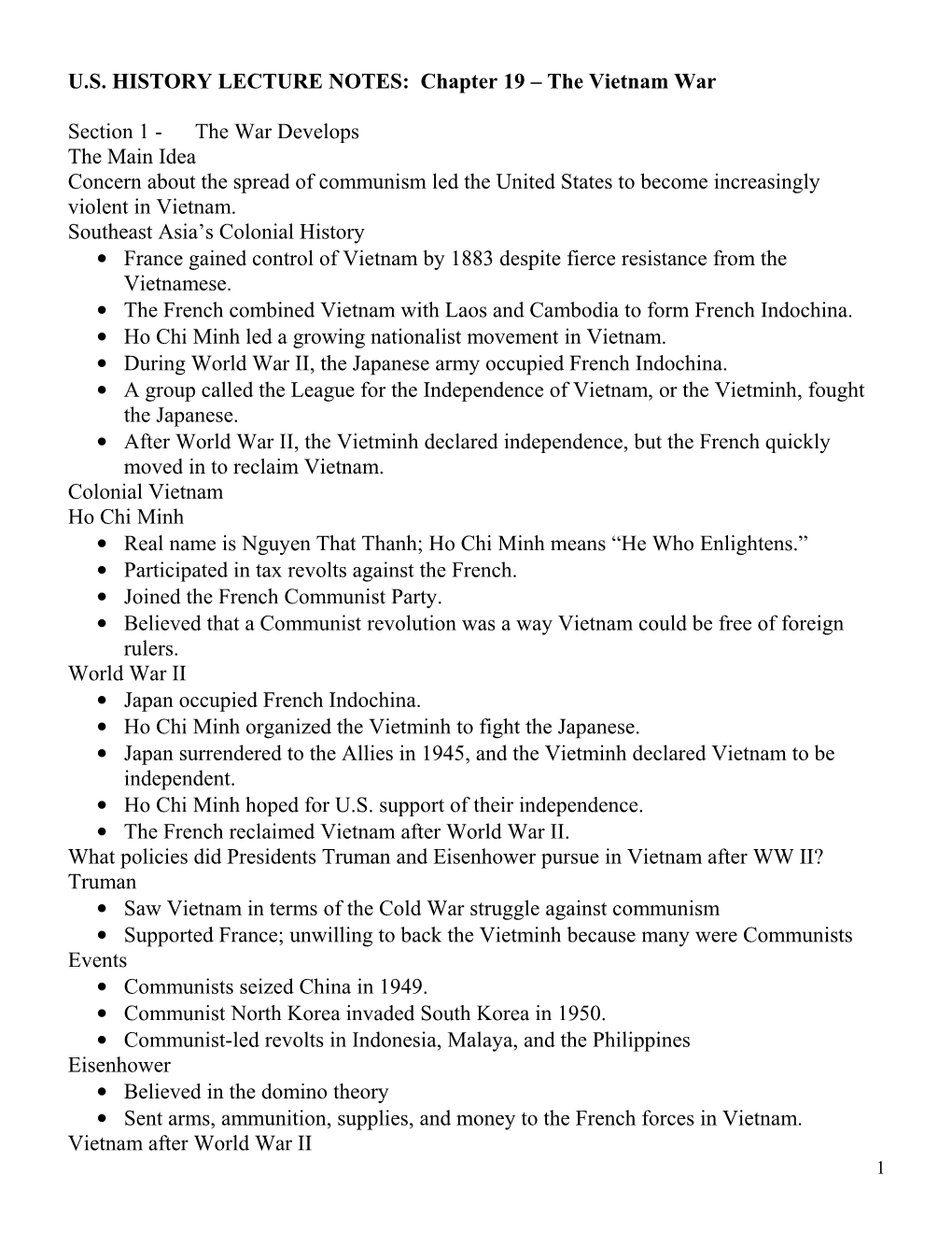 U.S. HISTORY LECTURE NOTES: Chapter 19 the Vietnam War
