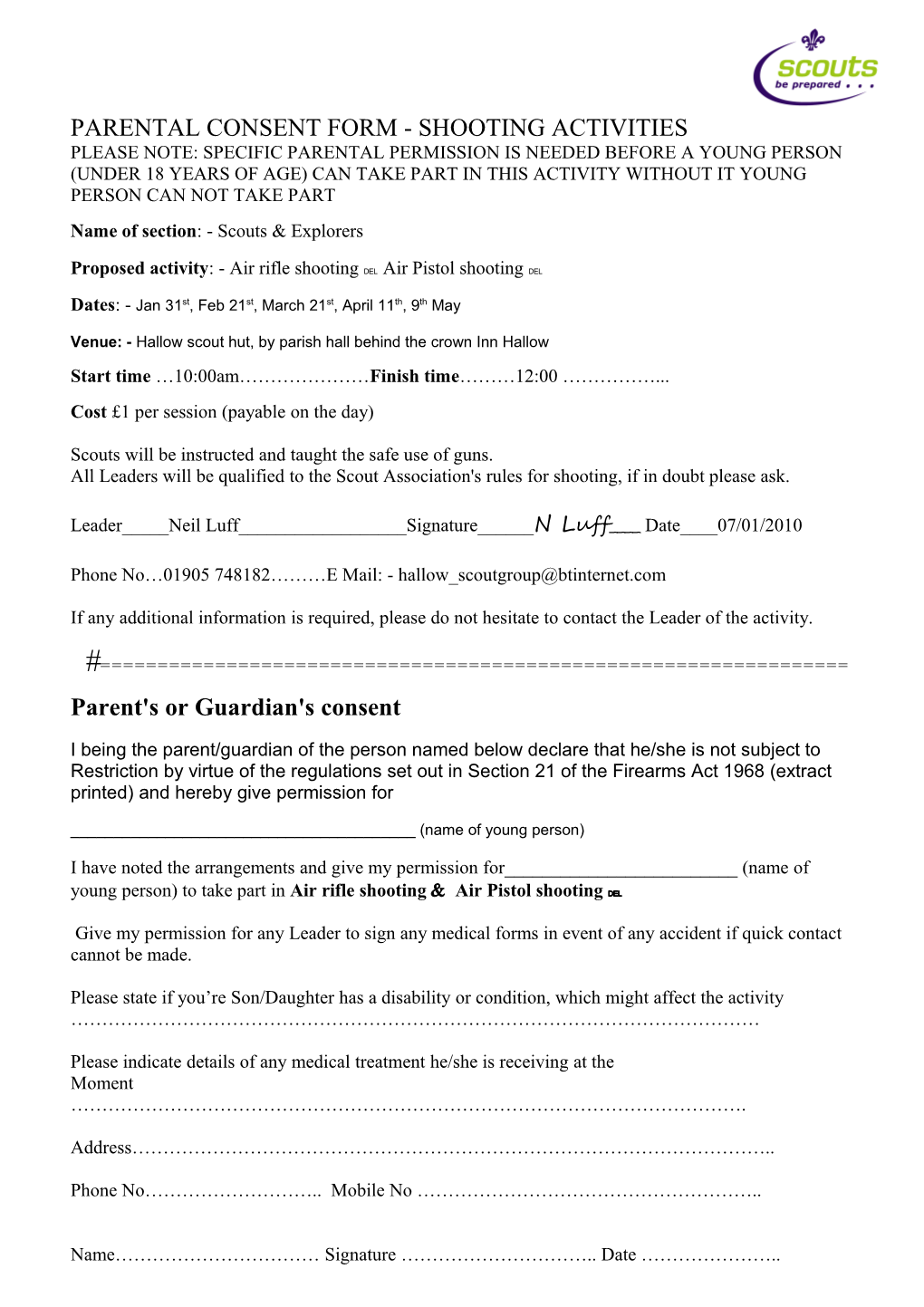 Parental Consent Form - Shooting Activities