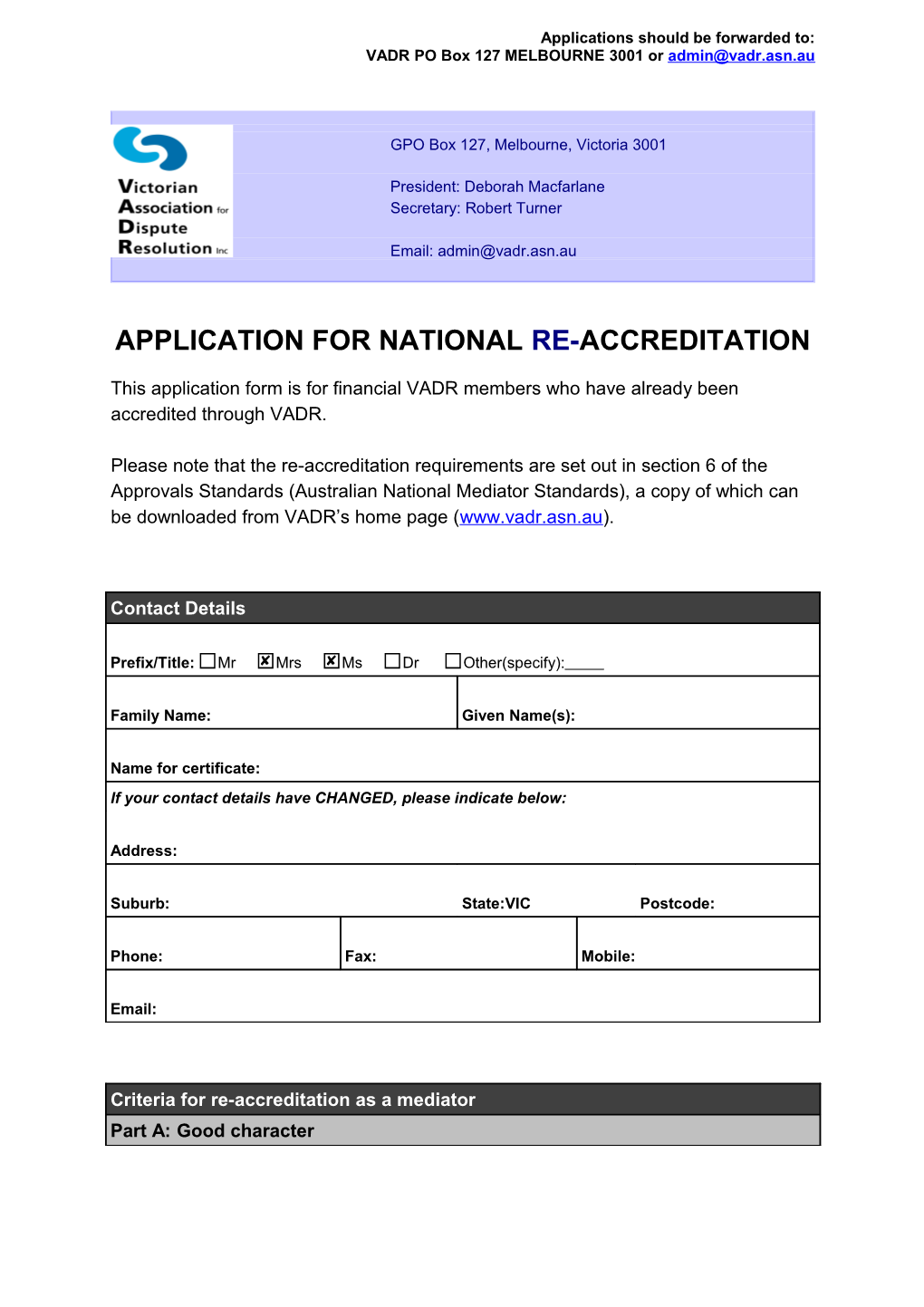 Application for National Re-Accreditation