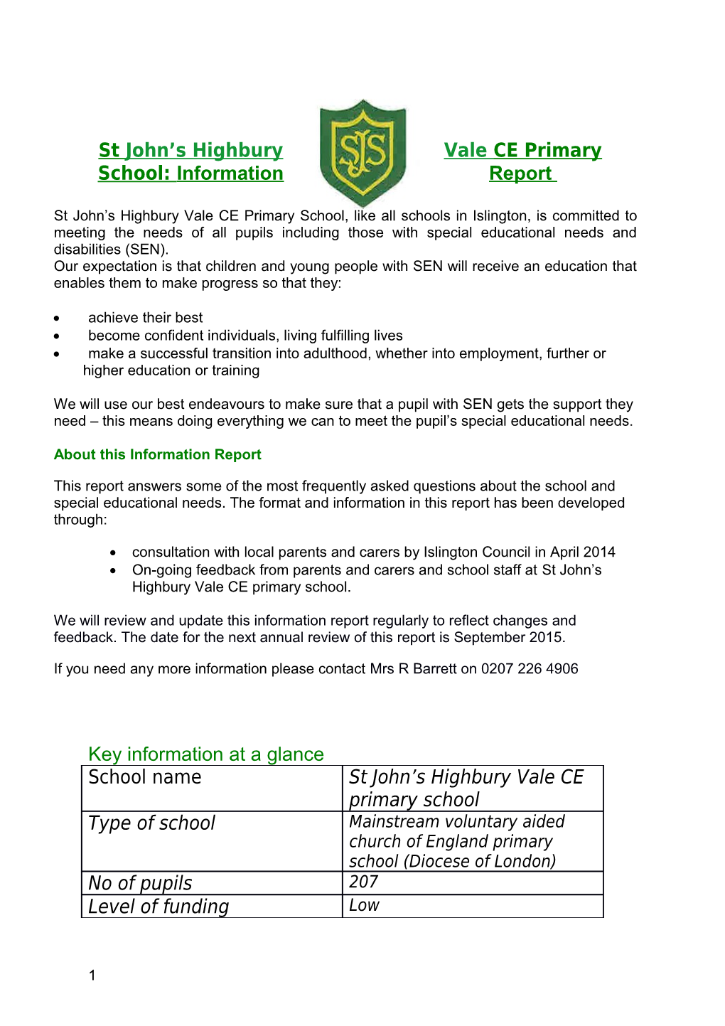 St John S Highbury Vale CE Primary School: Information Report