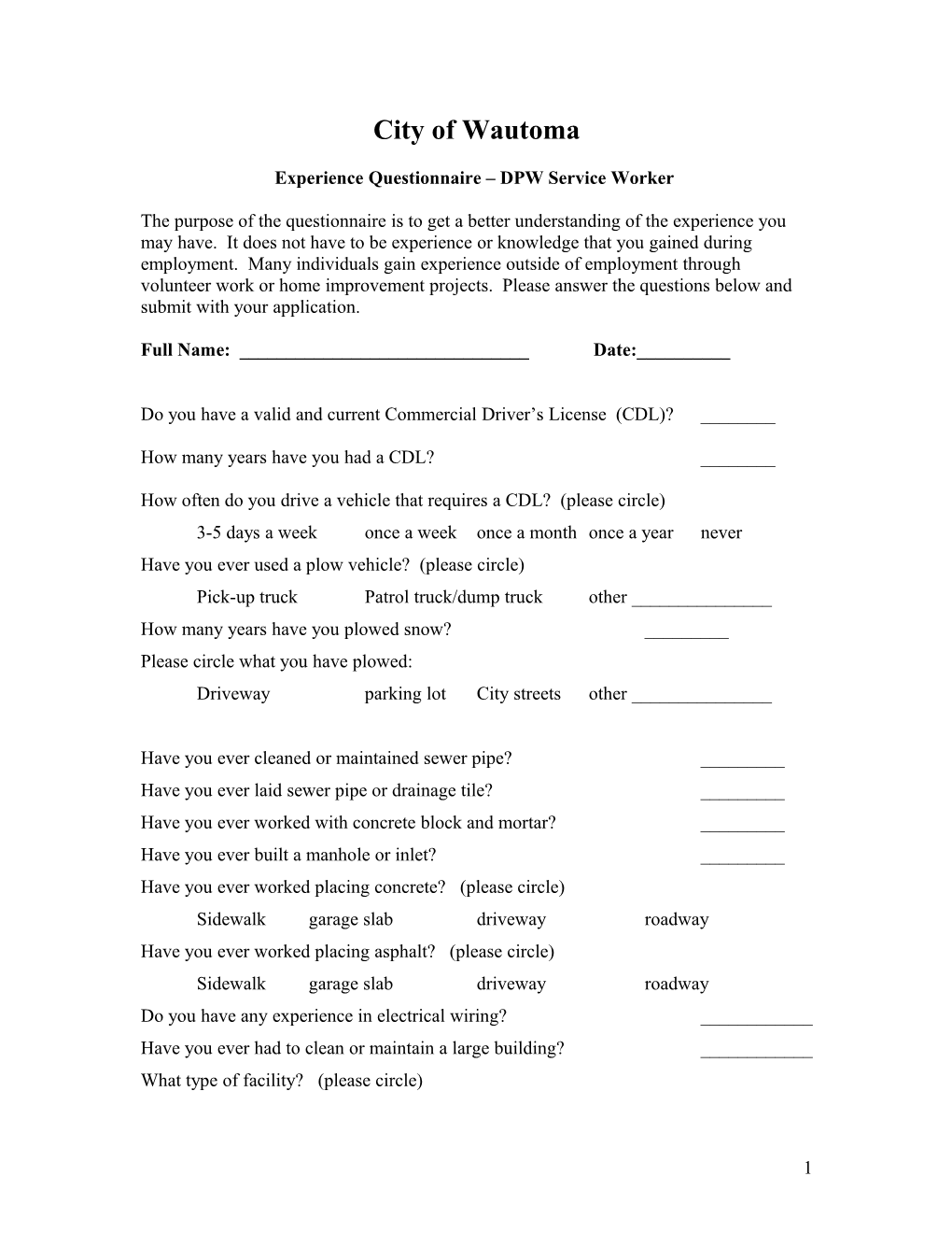 Experience Questionnaire DPW Service Worker