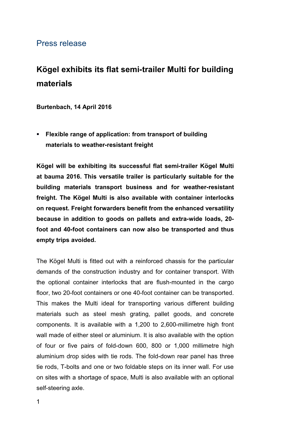 Kögel Exhibits Its Flat Semi-Trailer Multi for Building Materials