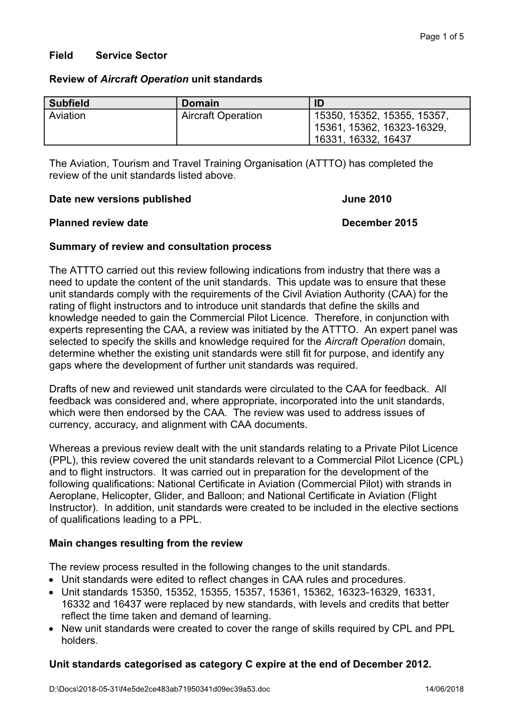 Review of Aircraft Operation Unit Standards