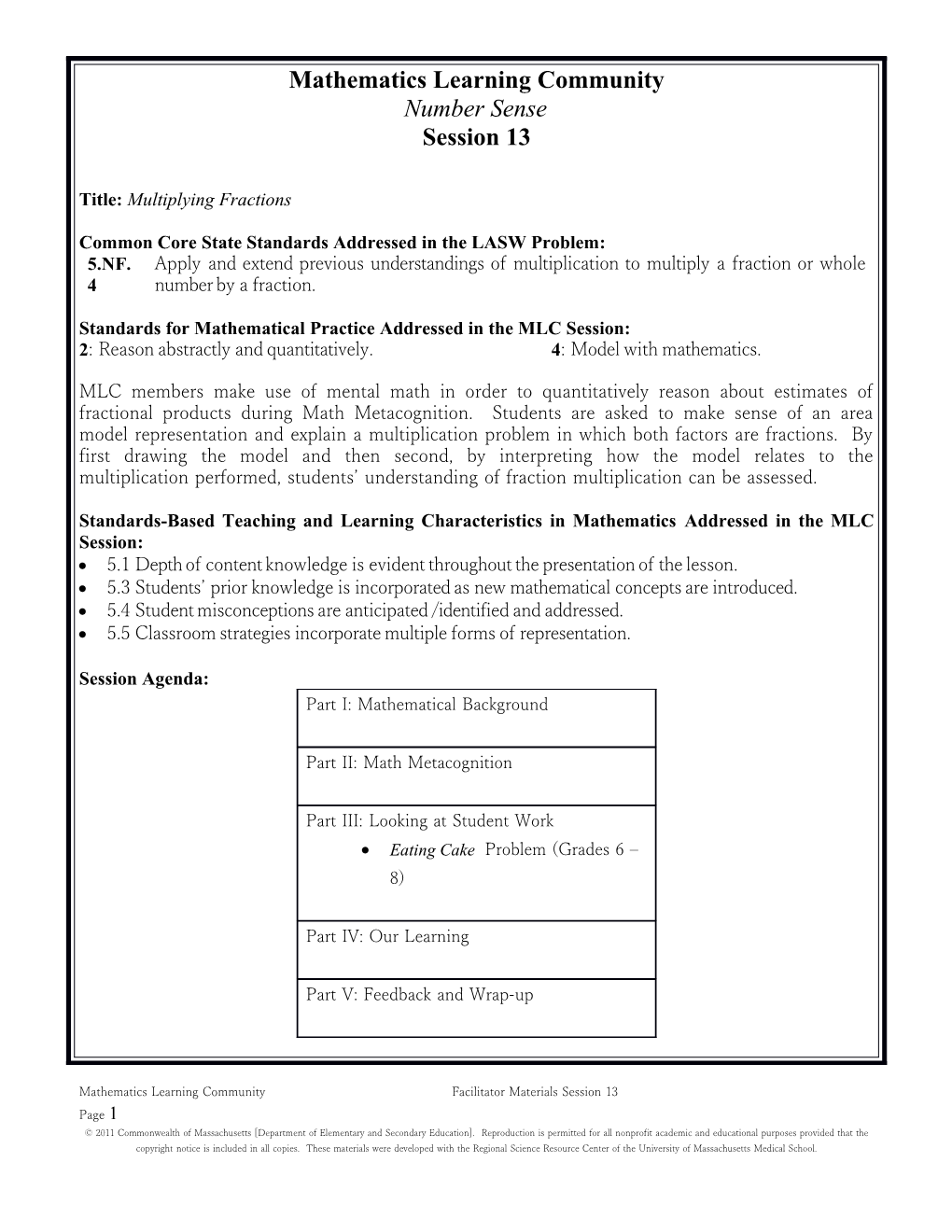 Mathematics Learning Community - Number Sense, Session 13