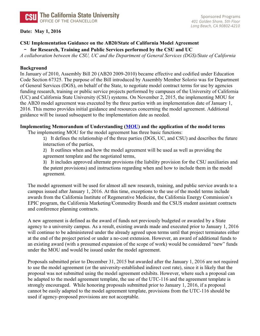 CSU Implementation of the AB20/State of California Model Agreement