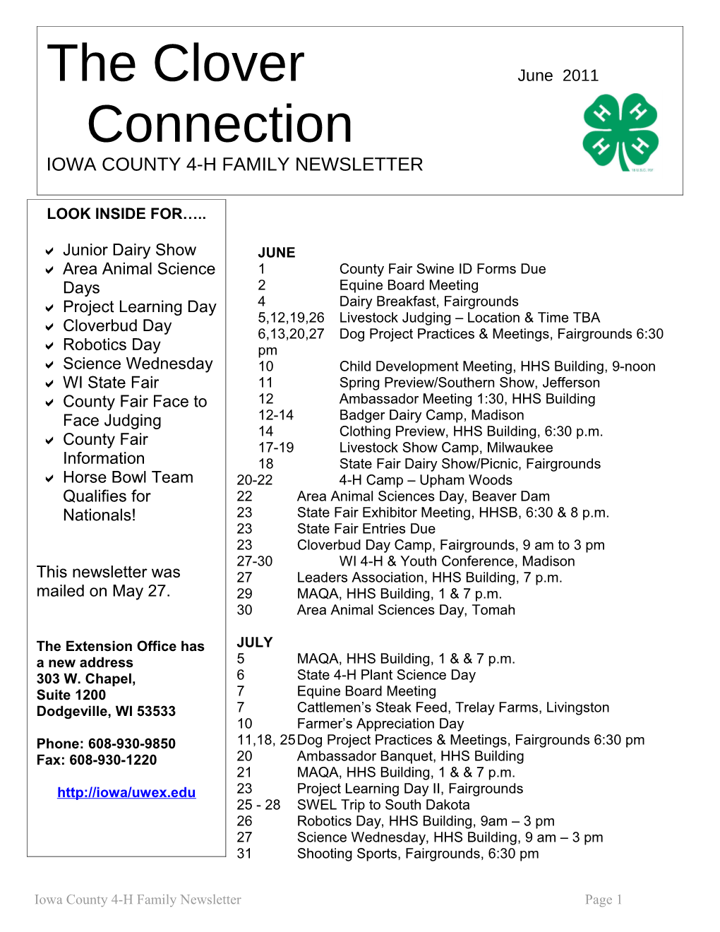 Iowa County 4-H Family Newsletter Page 1