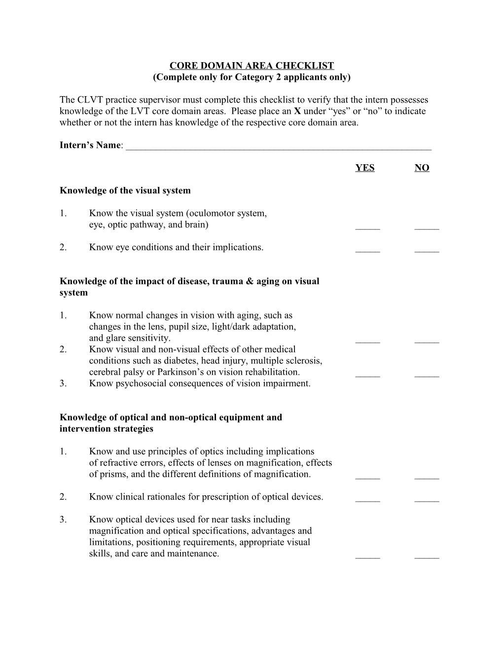 Core Domain Area Checklist