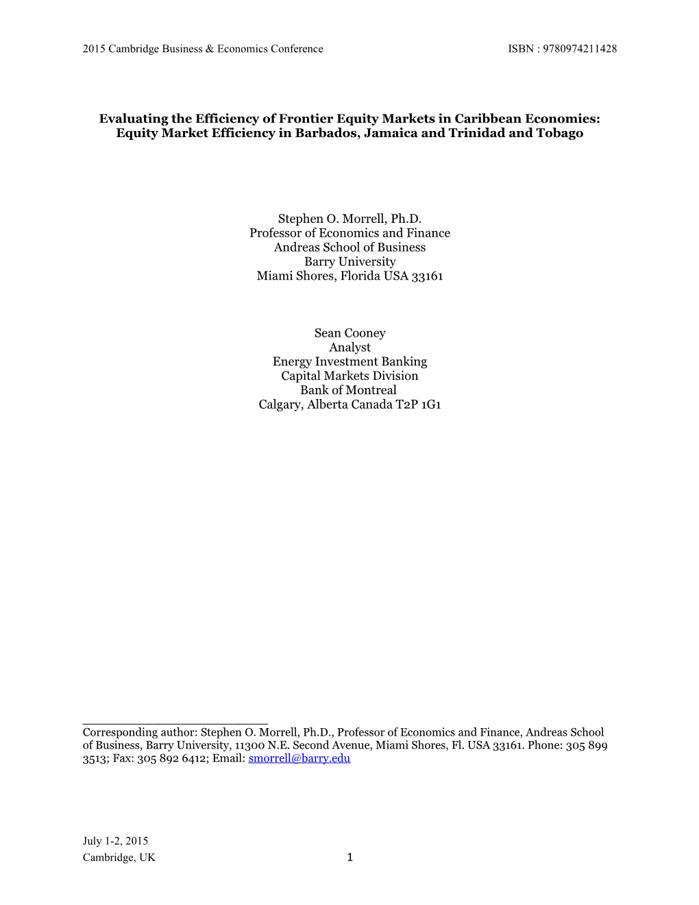 Evaluating the Efficiency of Frontier Equity Markets in Caribbean Economies: Equity Market