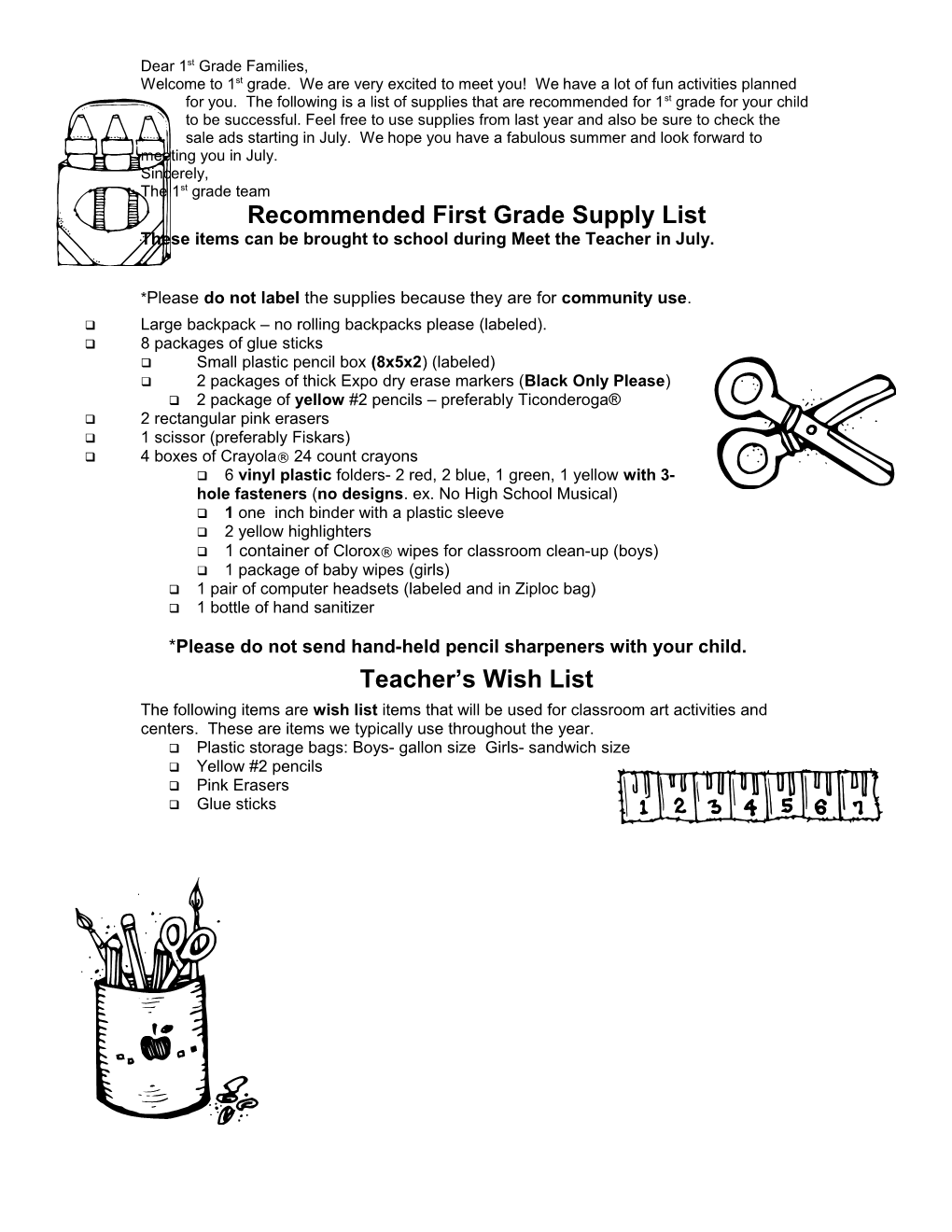 Recommended First Grade Supply List