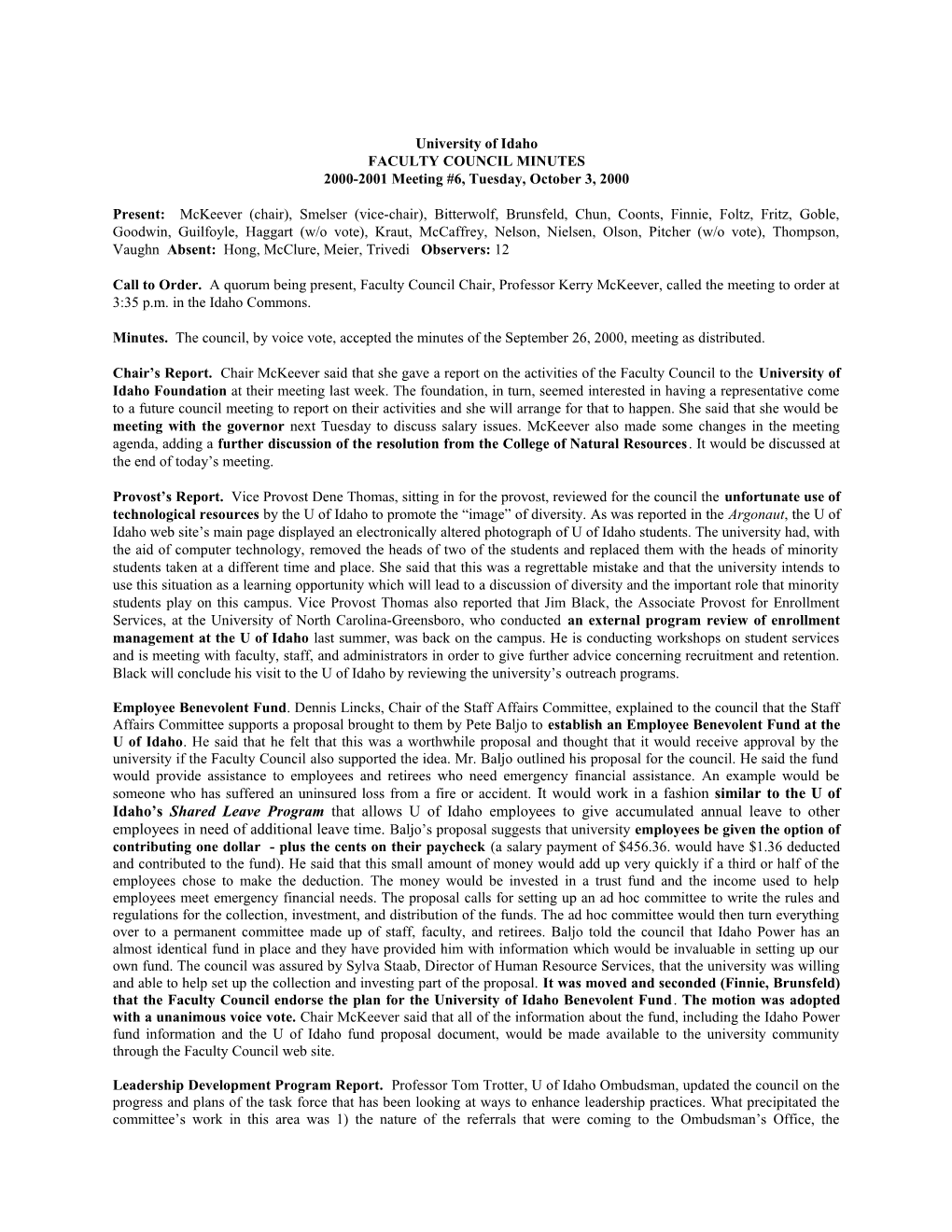 2000-2001 Faculty Council Minutes Meeting #6 October 3, 2000