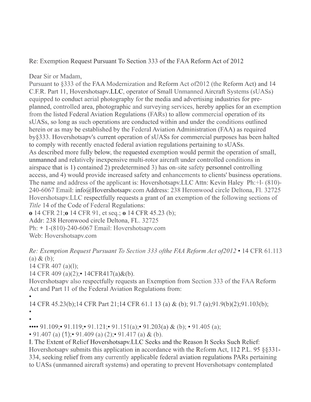 Re: Exemption Request Pursuant To Section 333 Of The FAA Reform Act Of 2012