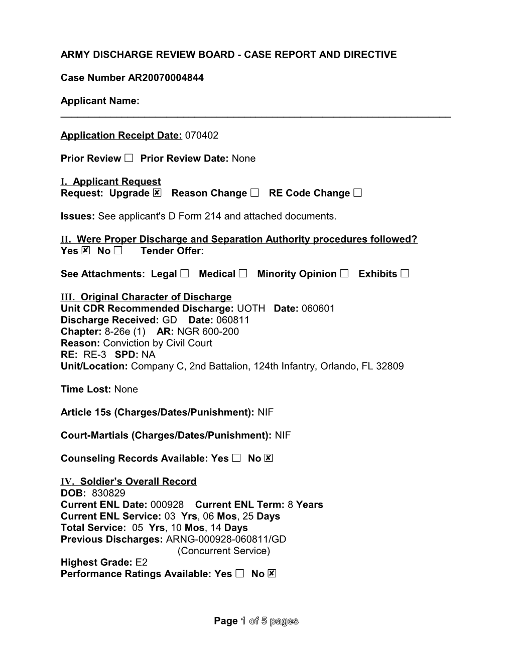 Army Discharge Review Board - Case Report and Directive