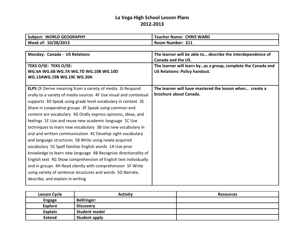 La Vega High School Lesson Plans