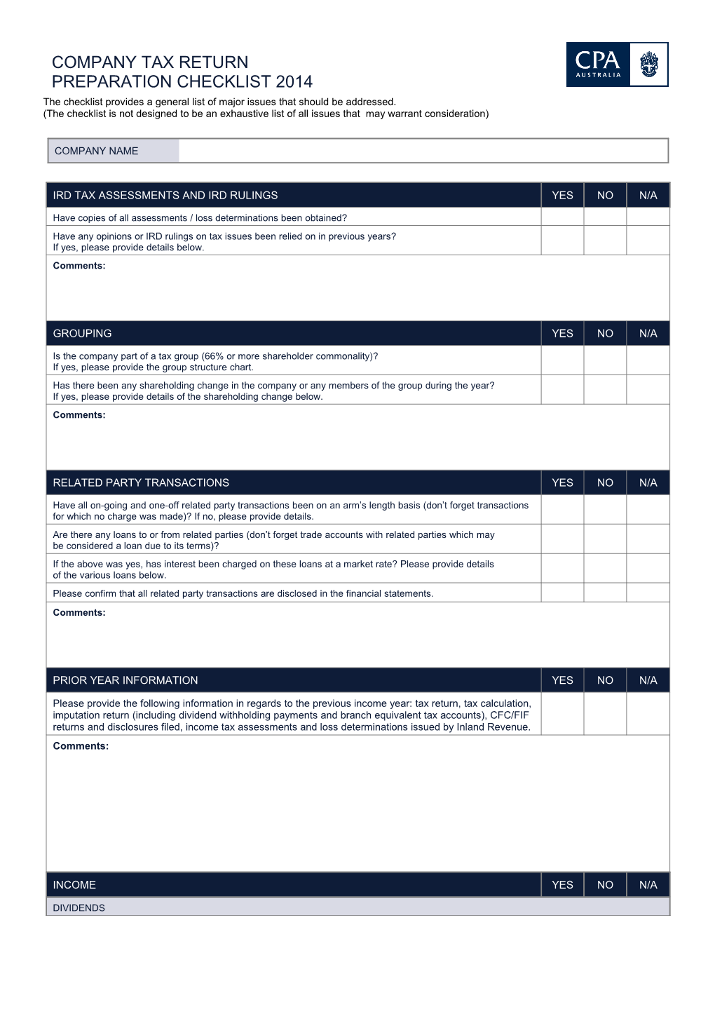 Company Tax Return Preparation Checklist 2014 New Zealand