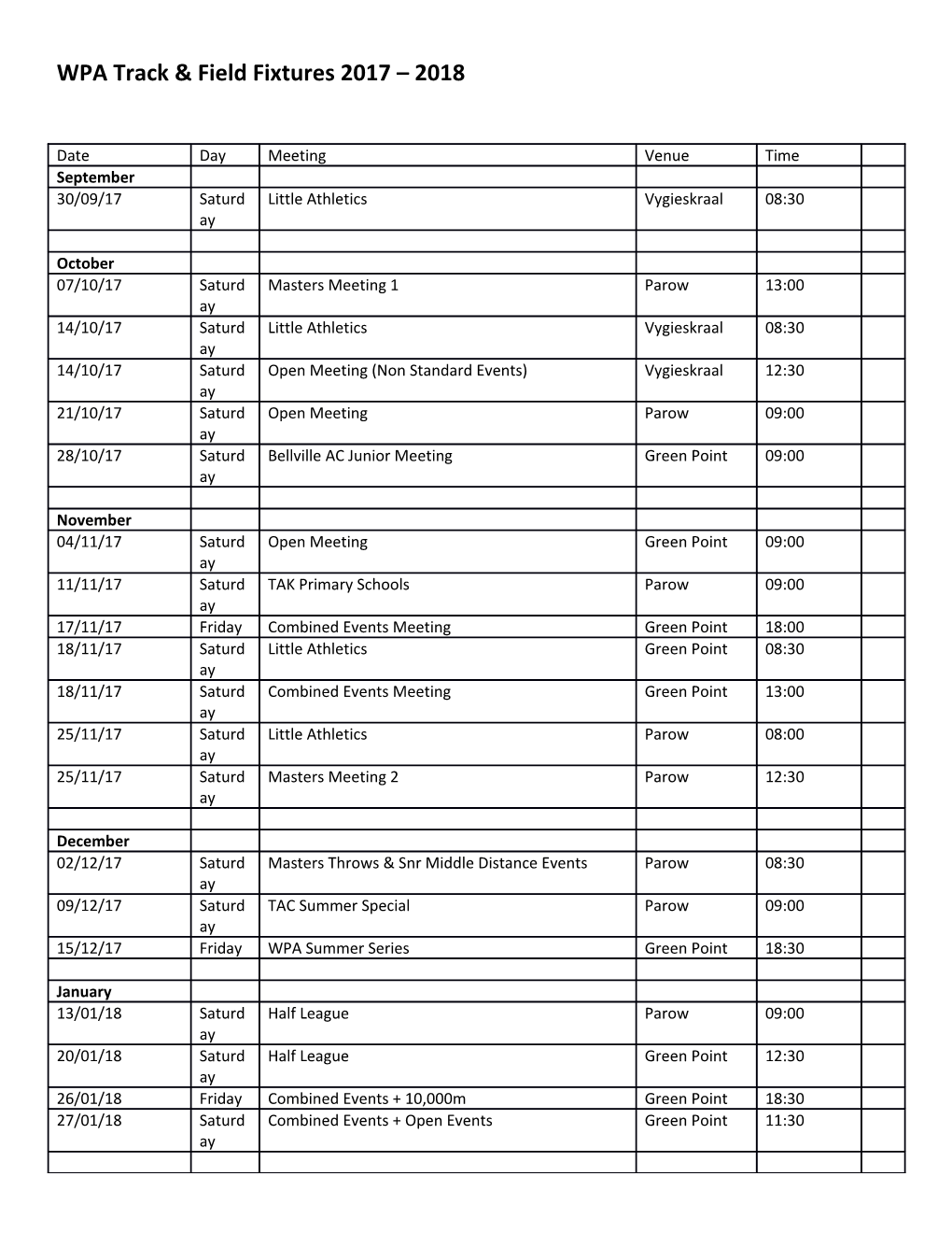 WPA Track & Field Fixtures 2017 2018