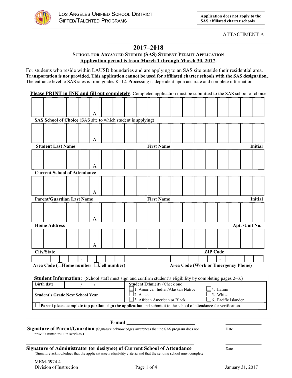 School for Advanced Studies (SAS) Student Permit Application