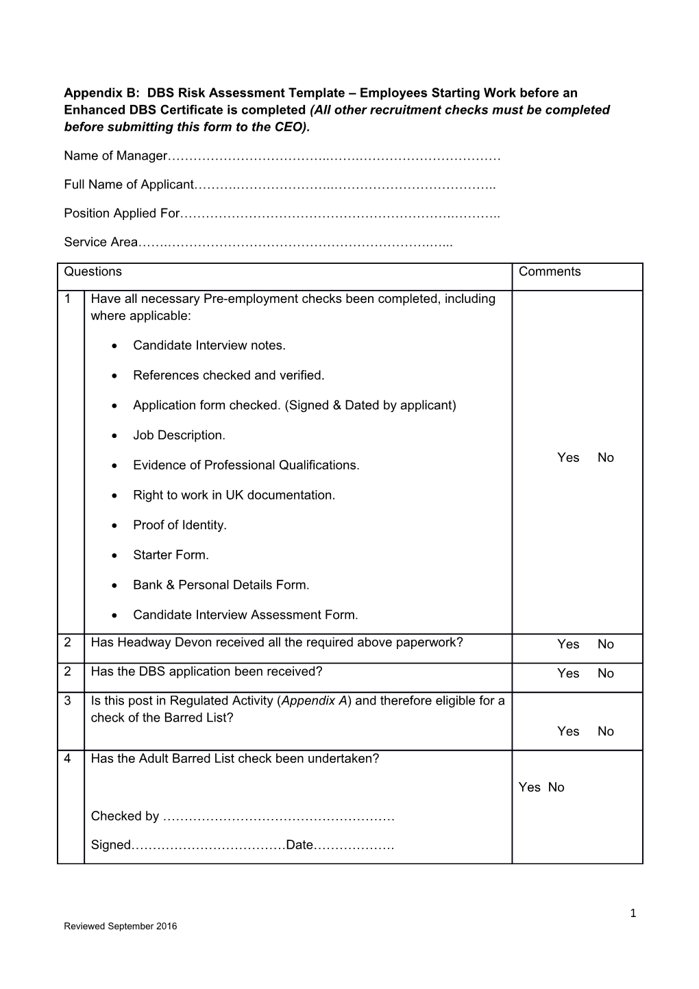 Appendix B: DBS Risk Assessment Template Employees Starting Work Before an Enhanced DBS