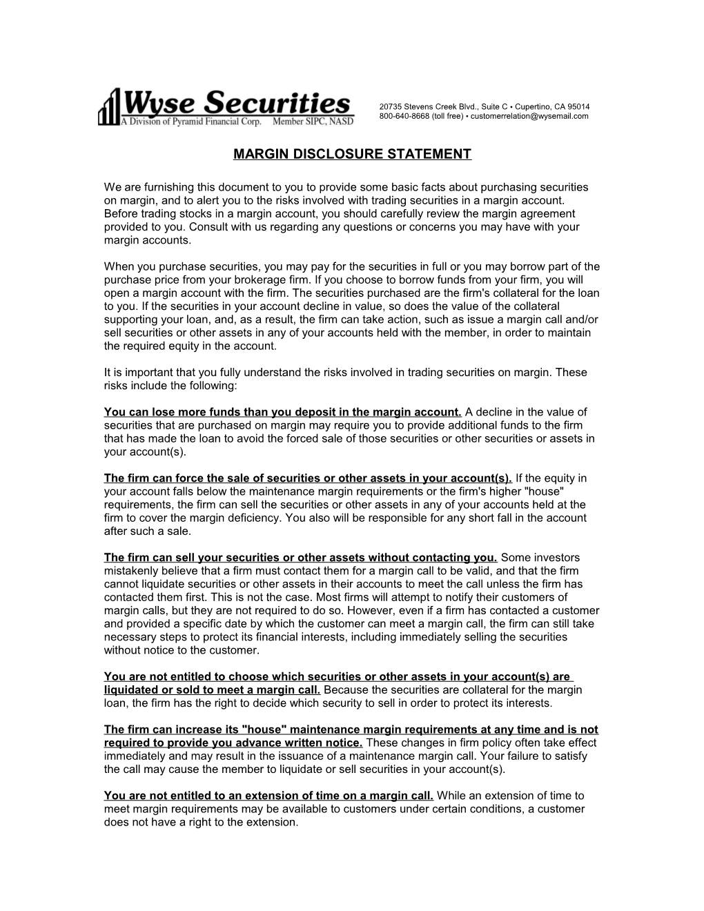 Wyse Securities Margin Disclosure Statement