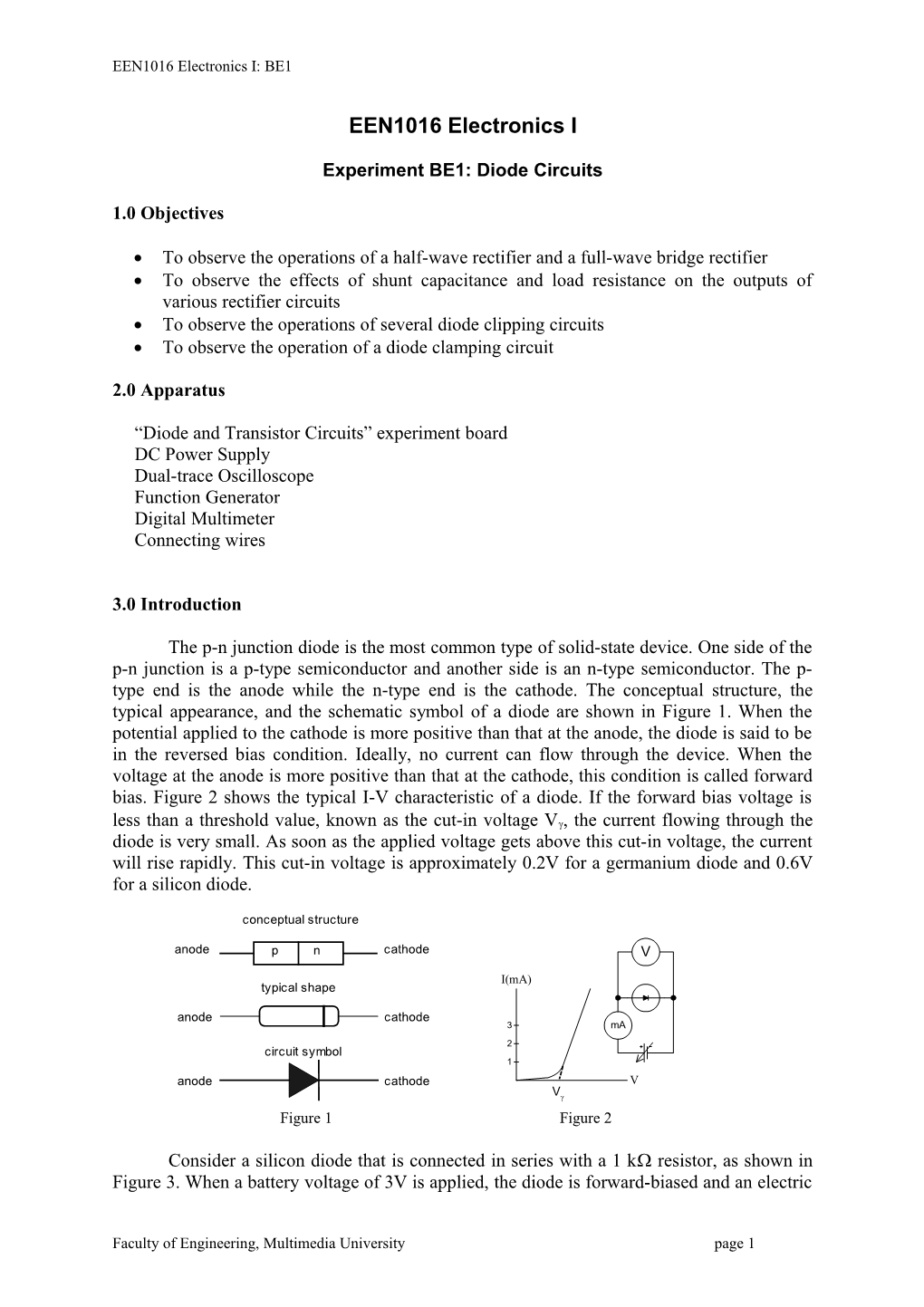 Experiment BE1: Diode Circuits