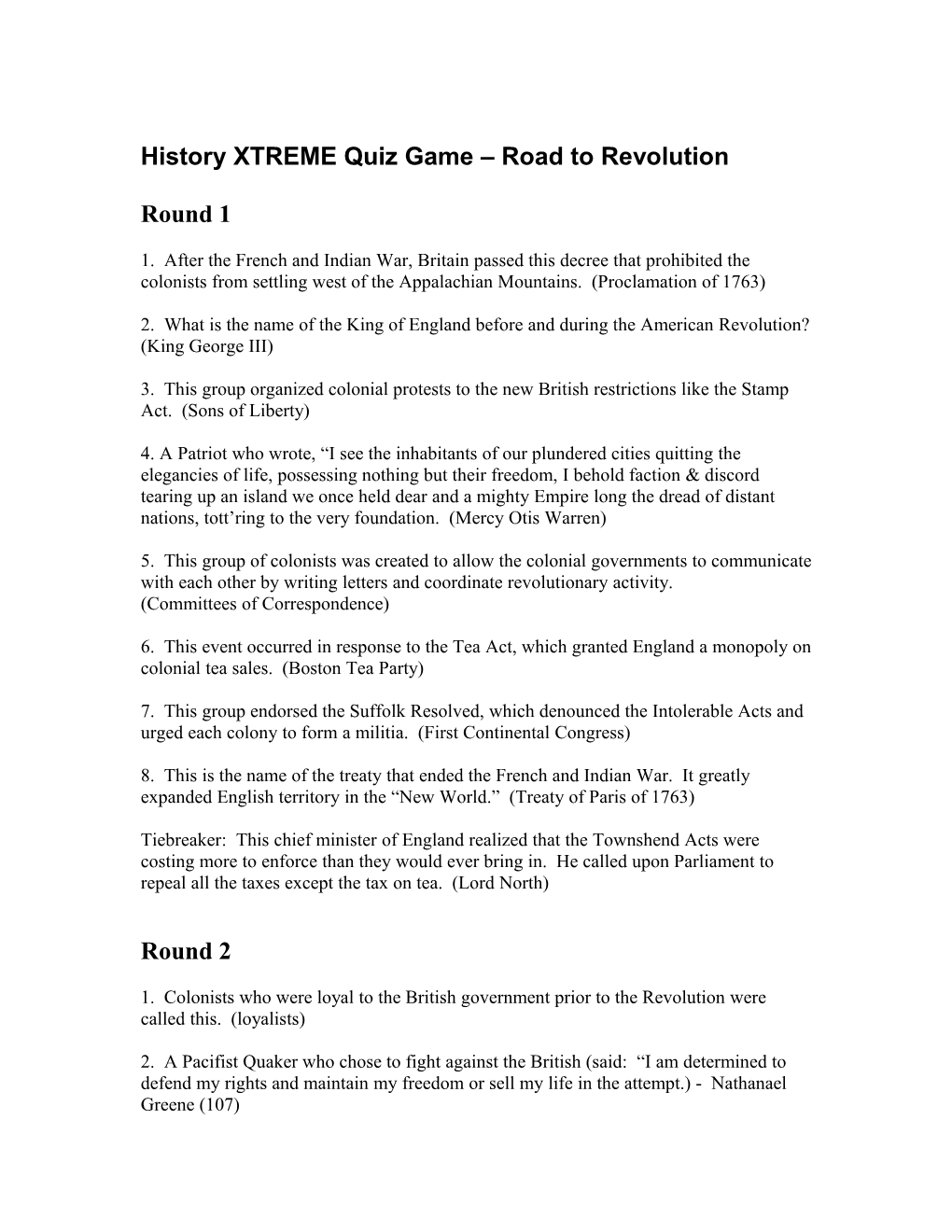 History XTREME Quiz Game Road to Revolution