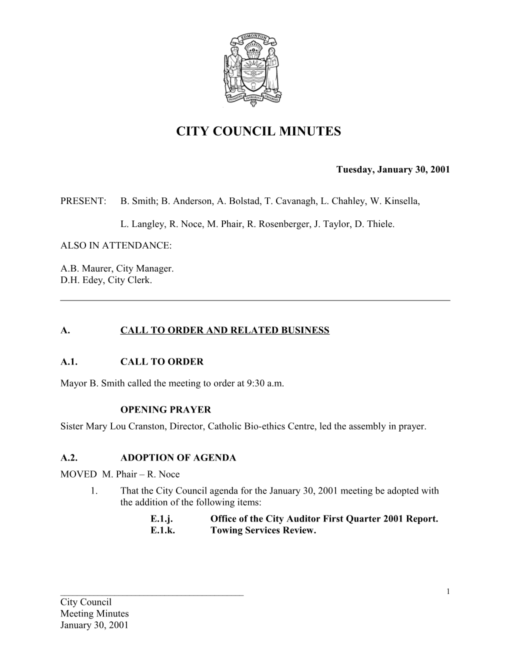 Minutes for City Council January 30, 2001 Meeting
