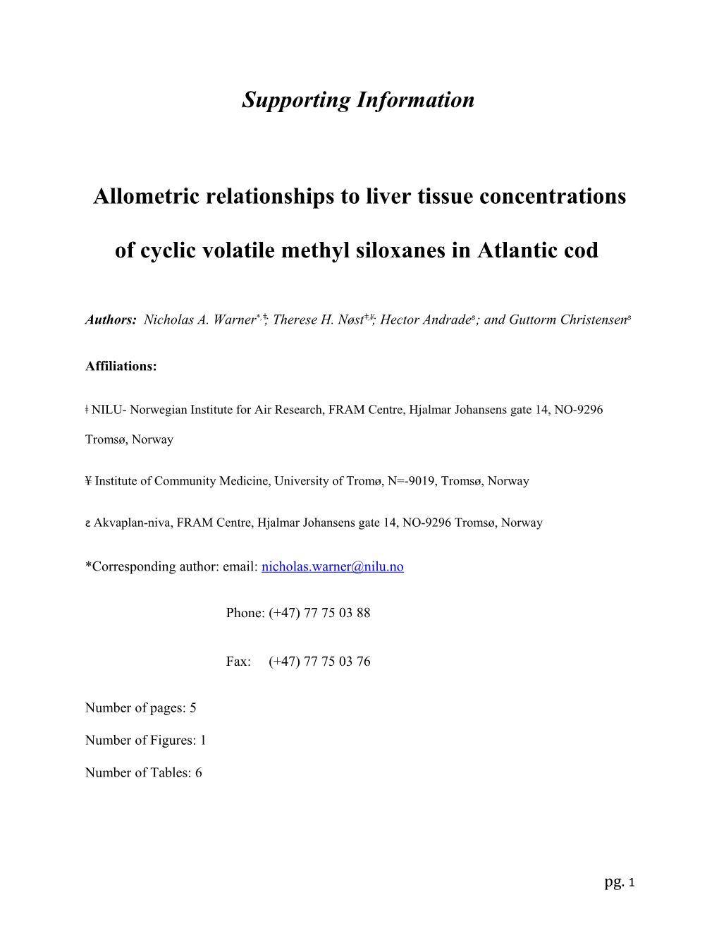 Allometric Relationships to Liver Tissue Concentrations of Cyclic Volatile Methyl Siloxanes