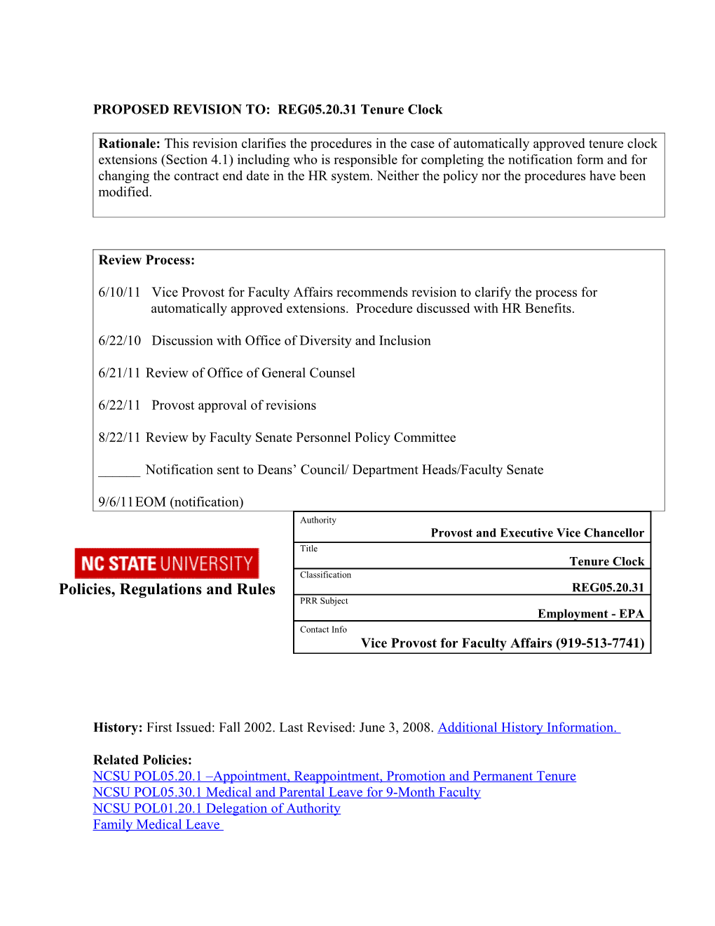 PROPOSED REVISION TO: REG05.20.31 Tenure Clock