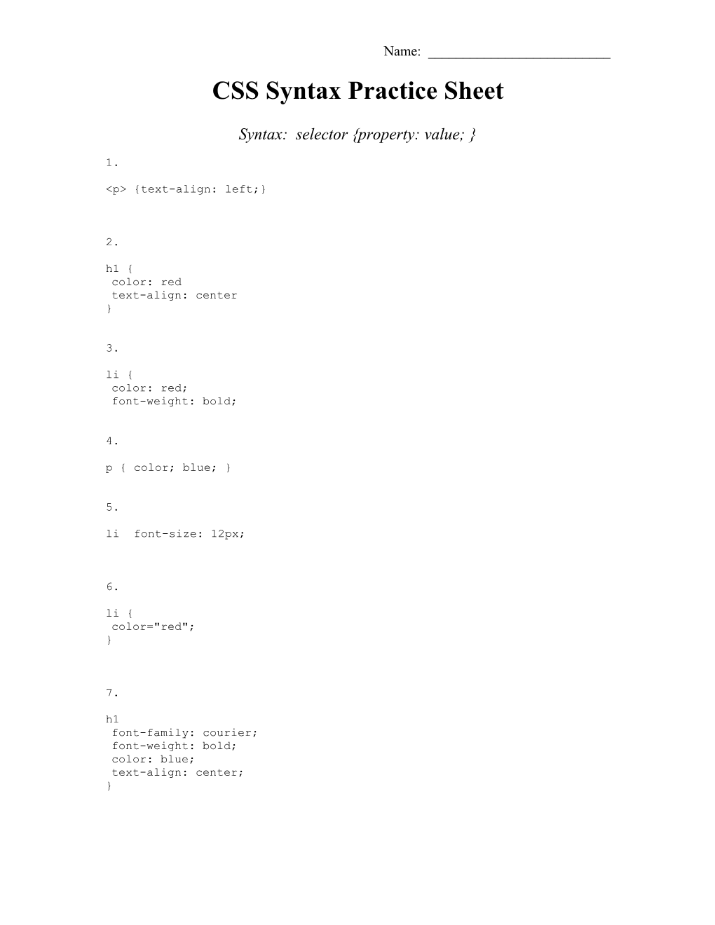 CSS Syntax Practice Sheet