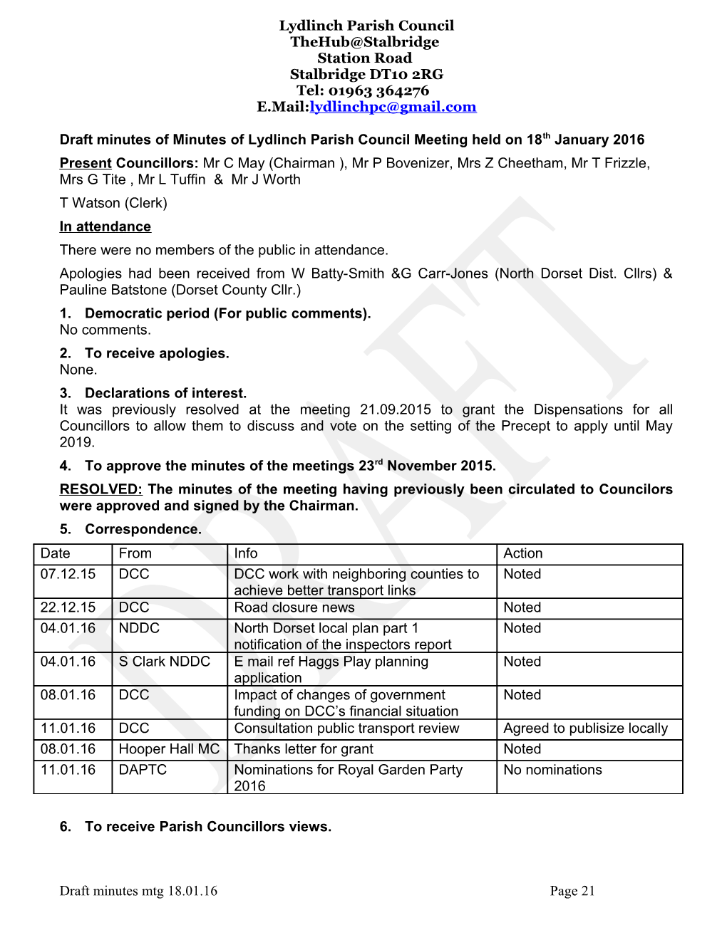 Draft Minutes of Minutes of Lydlinch Parish Council Meeting Held on 18Th January 2016