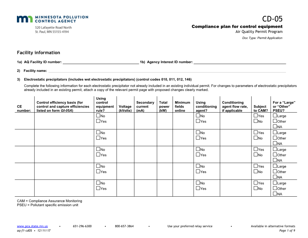 CD-05 Compliance Plan for Control Equipment - Air Quality Permit Program - Form