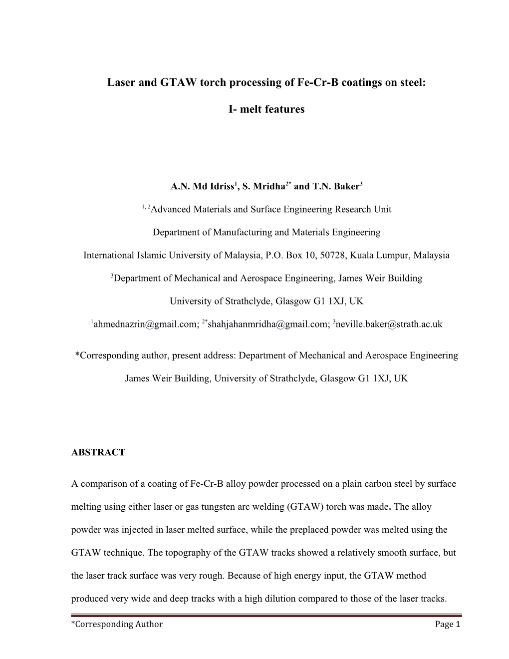Laser and GTAW Torch Processing of Fe-Cr-B Coatings on Steel