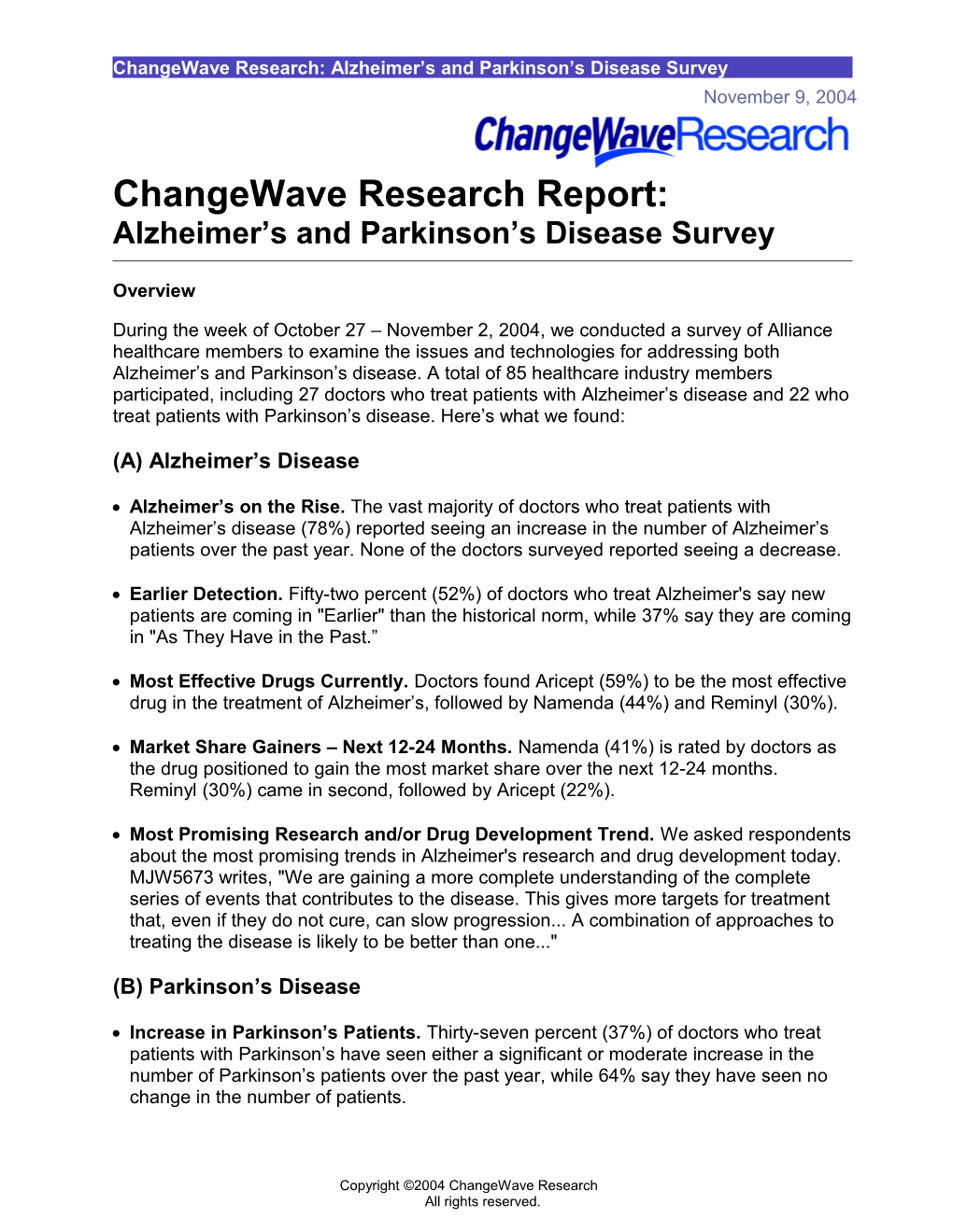 Changewave Research: Alzheimer S and Parkinson S Disease Survey